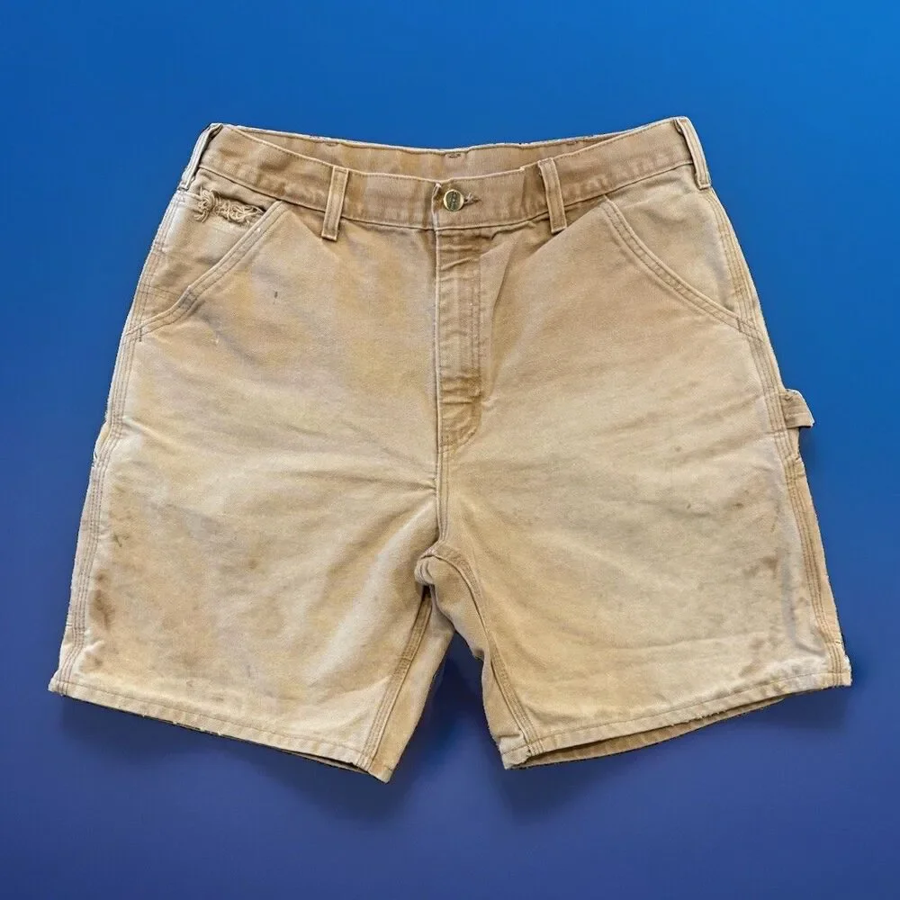 Vintage CARHARTT B25 BRN Carpenter Canvas LEATHER PATCH Shorts Sz 32/34 Mexico